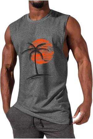 Mens Summer Beach Tank Top Hawaiian Palm Tree Print Sleeveless Muscle Basic Tee Vacation Tops