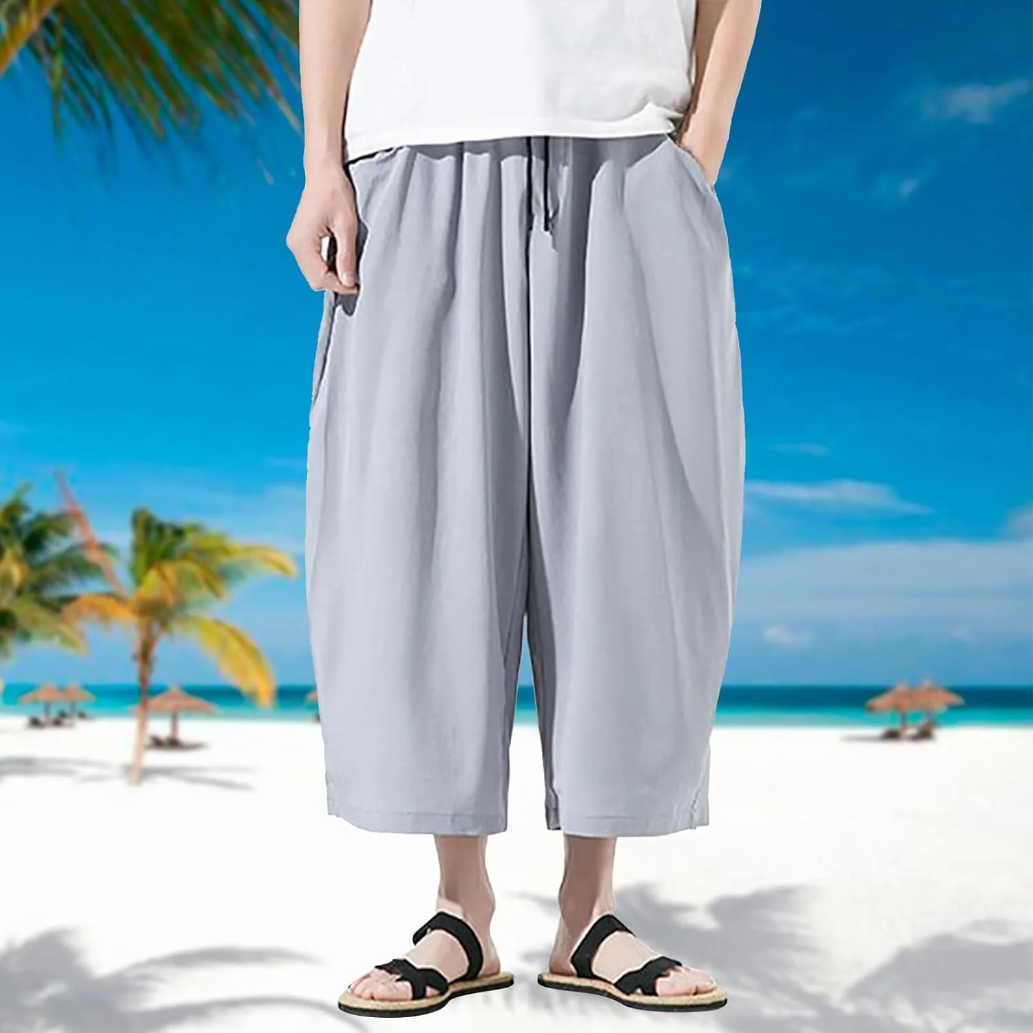 Mens Summer Ice Silk Capri Harem Pants with Drawstring Wide Leg Loose Slacks Breathable Beach Yoga Hippie Casual Trousers