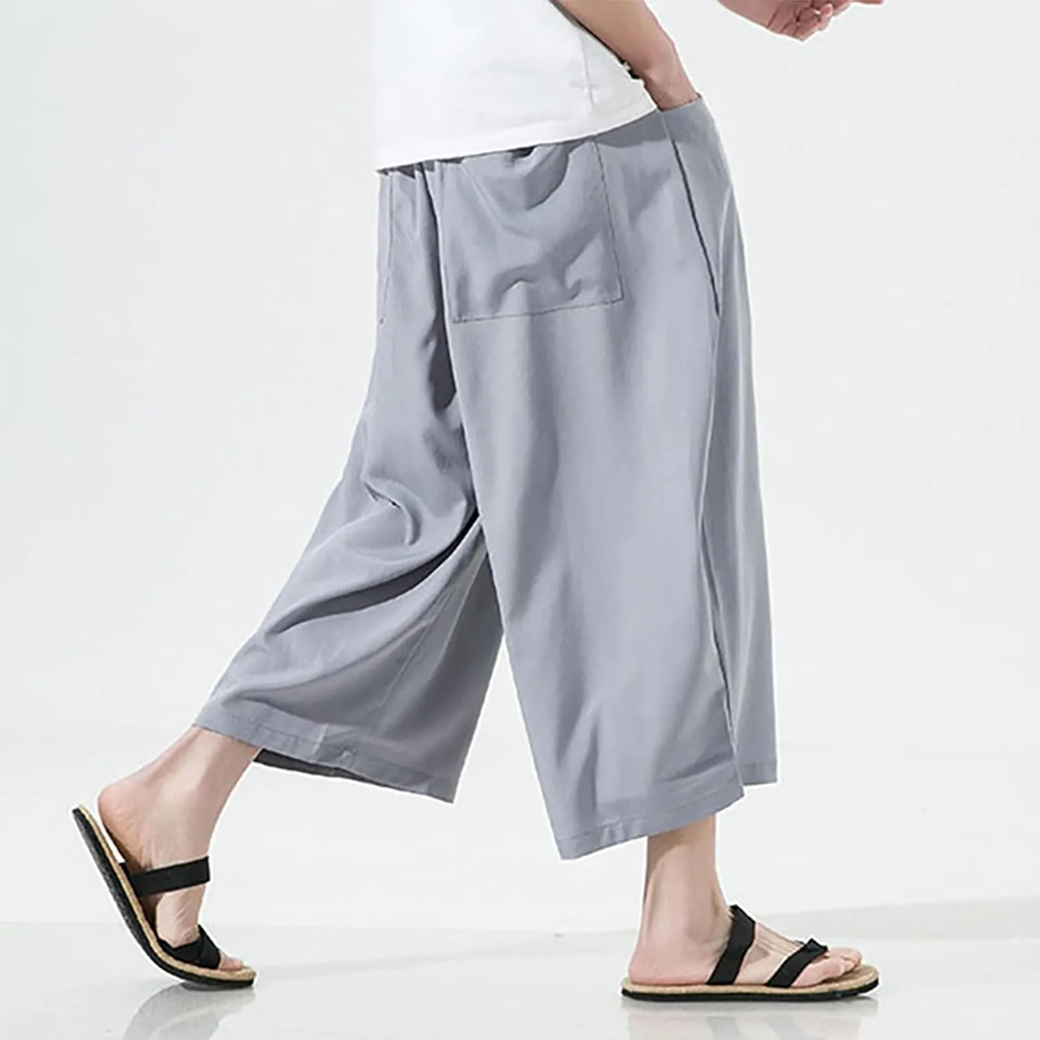Mens Summer Ice Silk Capri Harem Pants with Drawstring Wide Leg Loose Slacks Breathable Beach Yoga Hippie Casual Trousers