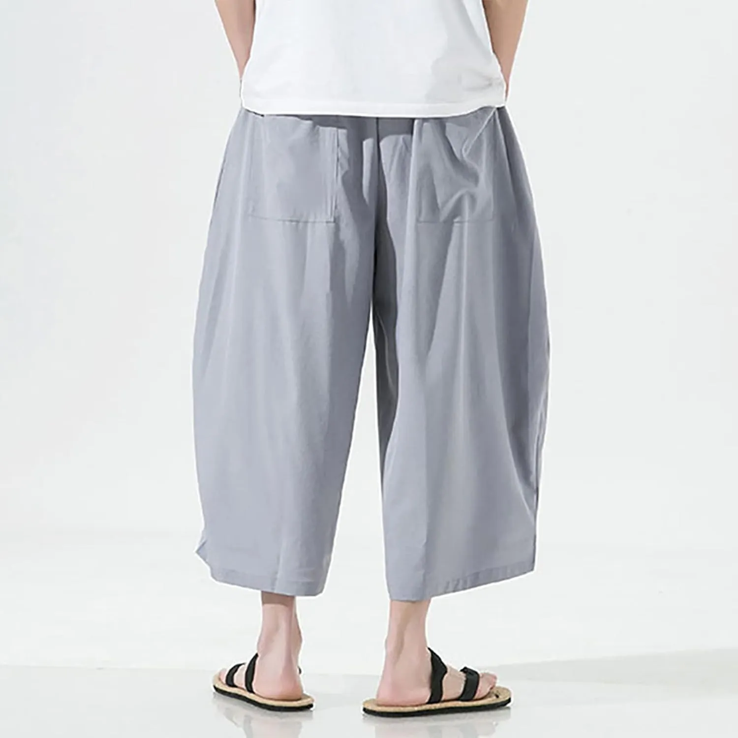Mens Summer Ice Silk Capri Harem Pants with Drawstring Wide Leg Loose Slacks Breathable Beach Yoga Hippie Casual Trousers