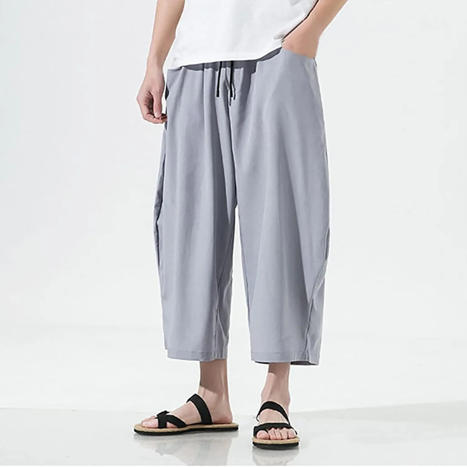 Mens Summer Ice Silk Capri Harem Pants with Drawstring Wide Leg Loose Slacks Breathable Beach Yoga Hippie Casual Trousers