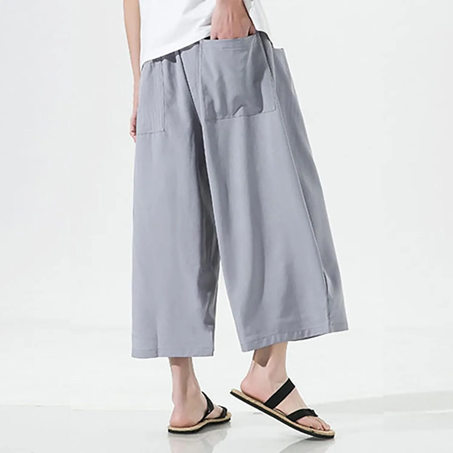 Mens Summer Ice Silk Capri Harem Pants with Drawstring Wide Leg Loose Slacks Breathable Beach Yoga Hippie Casual Trousers