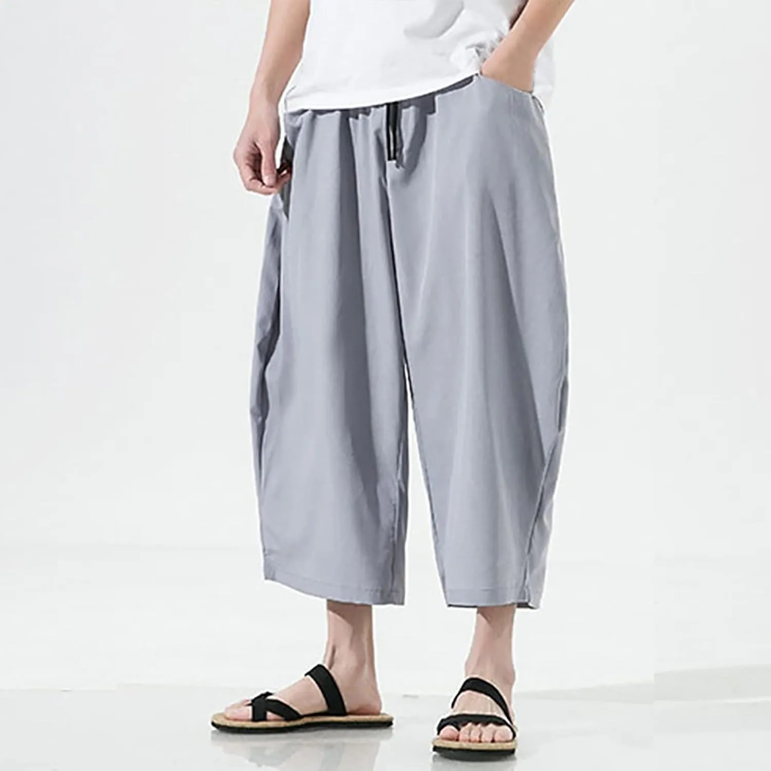 Mens Summer Ice Silk Capri Harem Pants with Drawstring Wide Leg Loose Slacks Breathable Beach Yoga Hippie Casual Trousers