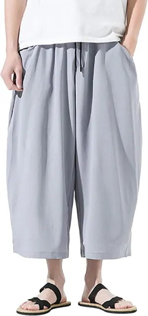 Mens Summer Ice Silk Capri Harem Pants with Drawstring Wide Leg Loose Slacks Breathable Beach Yoga Hippie Casual Trousers