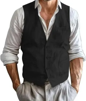 Men's Summer Linen Suit Vest Slim Fit Vintage Dress Vest Beach Wedding Casual Waistcoat for Party Groomsmen