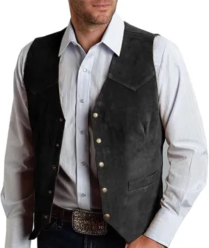 Mens V Neck Suit Vest Retro 5 Button Suede Leather Regular Fit Casual Waistcoat for Prom,Husband Gift,Daily Wear