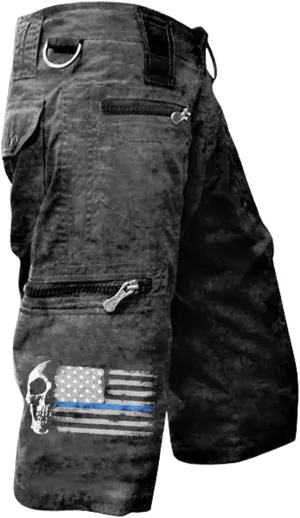 Mens Vintage Cargo Shorts Skull Print Outdoor Relaxed Fit Lightweight Cotton Cargo Shorts