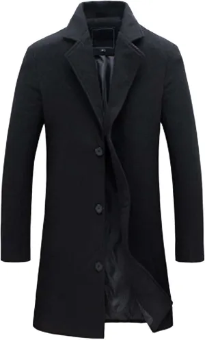 Men's Wool Blend Trench Coat Notched Lapel Collar Single Breasted Overcoat Slim Fit Warm Business Work Long Pea Coat