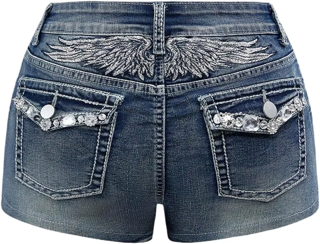 Milumia Women's Y2k Rhinestone Decor Denim Shorts Punk Skinny Mini Shorts with Pocket