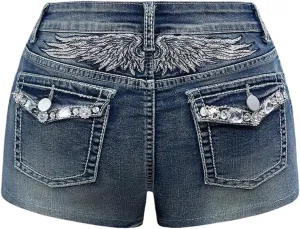 Milumia Women's Y2k Rhinestone Decor Denim Shorts Punk Skinny Mini Shorts with Pocket