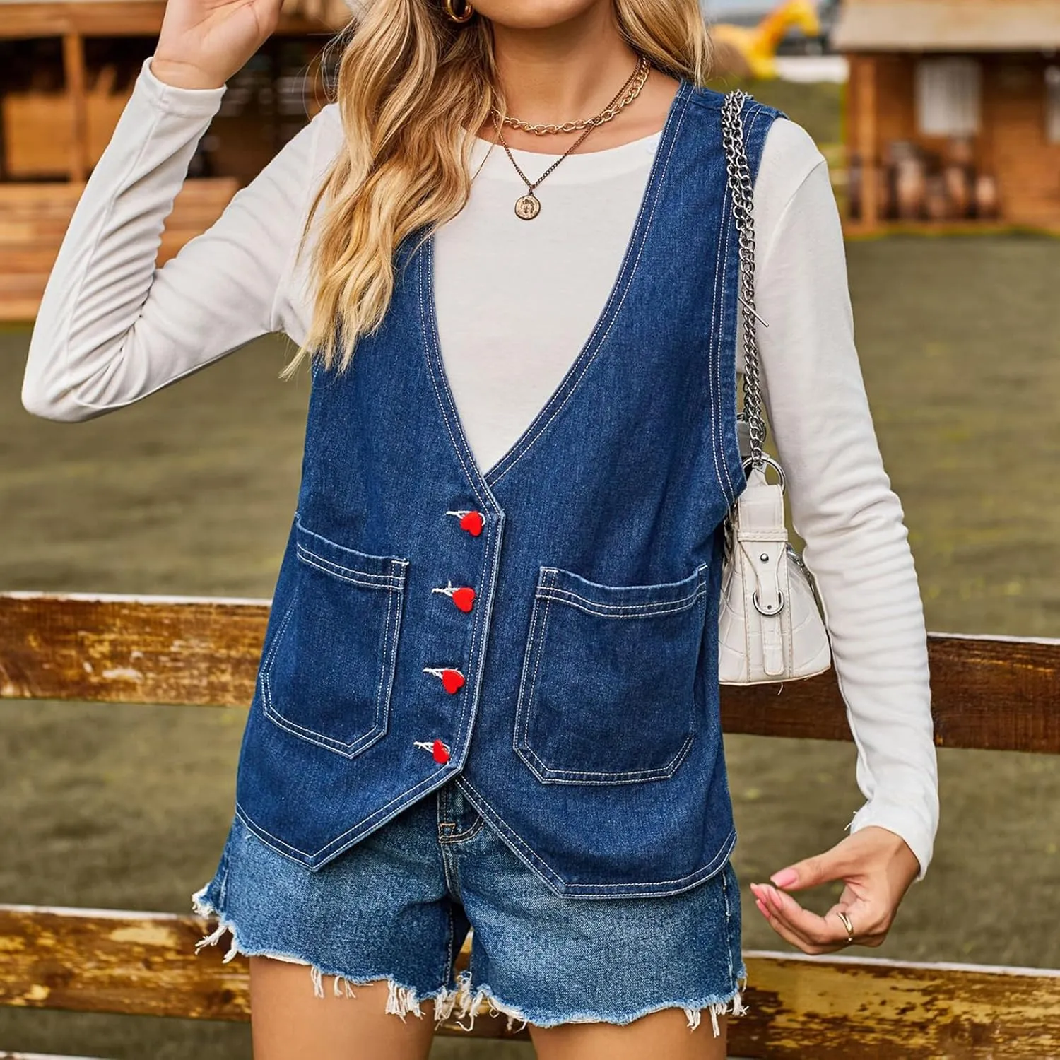 MINTLIMIT Women's Denim Vest Sleeveless V Neck Button Down Jean Waistcoat Y2K Denim Jacket Country Trendy Outfits