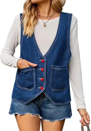 MINTLIMIT Women's Denim Vest Sleeveless V Neck Button Down Jean Waistcoat Y2K Denim Jacket Country Trendy Outfits