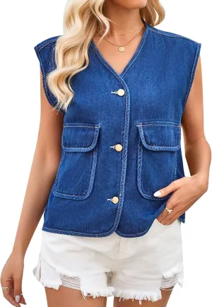 MINTLIMIT Women's Denim Vest Sleeveless V Neck Button Down Jean Waistcoat Y2K Denim Jacket Country Trendy Outfits