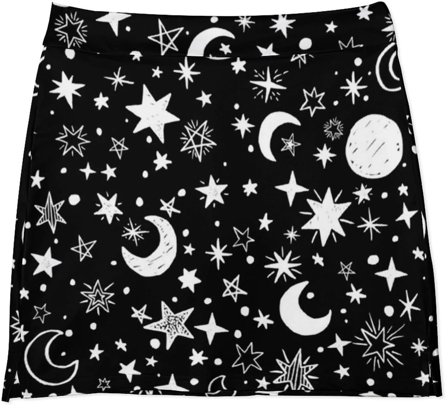 Moons and Stars Black and White Women's Mini Tennis Skirt with Shorts Underneath Athletic Workout Cute Skorts