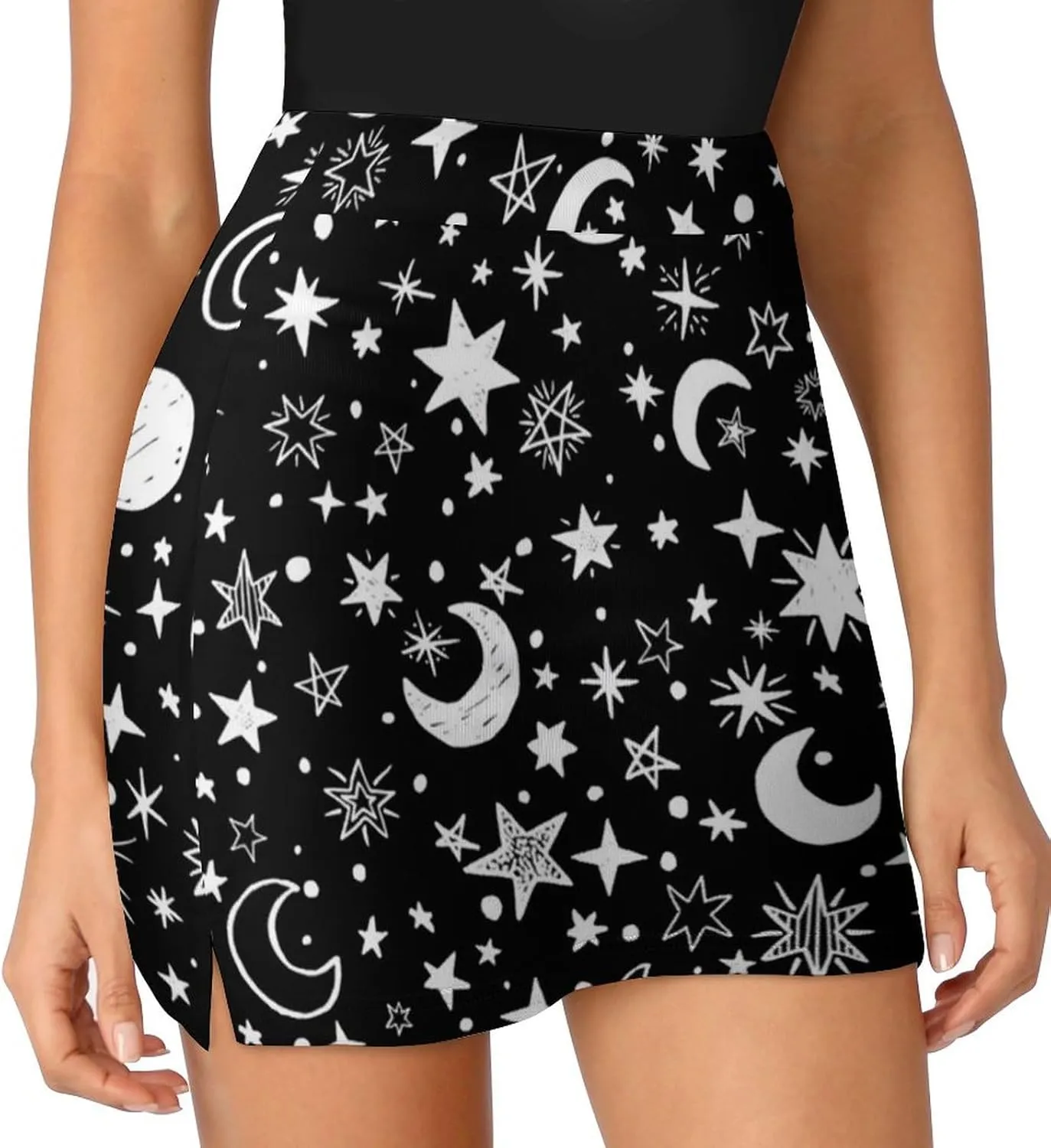 Moons and Stars Black and White Women's Mini Tennis Skirt with Shorts Underneath Athletic Workout Cute Skorts
