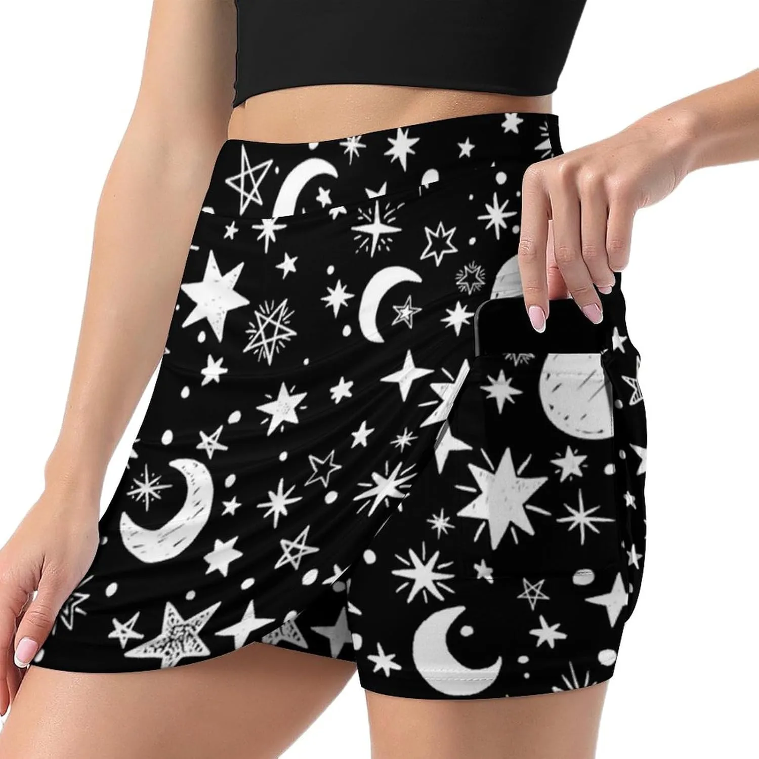 Moons and Stars Black and White Women's Mini Tennis Skirt with Shorts Underneath Athletic Workout Cute Skorts
