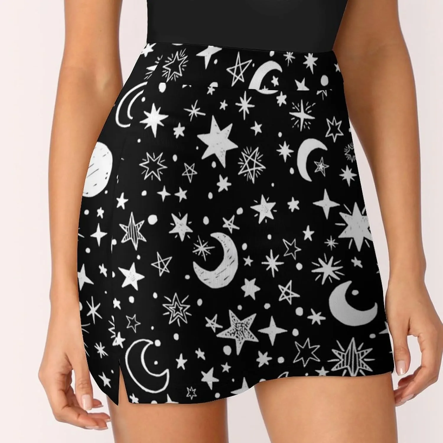 Moons and Stars Black and White Women's Mini Tennis Skirt with Shorts Underneath Athletic Workout Cute Skorts