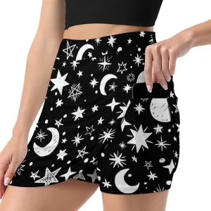 Moons and Stars Black and White Women's Mini Tennis Skirt with Shorts Underneath Athletic Workout Cute Skorts