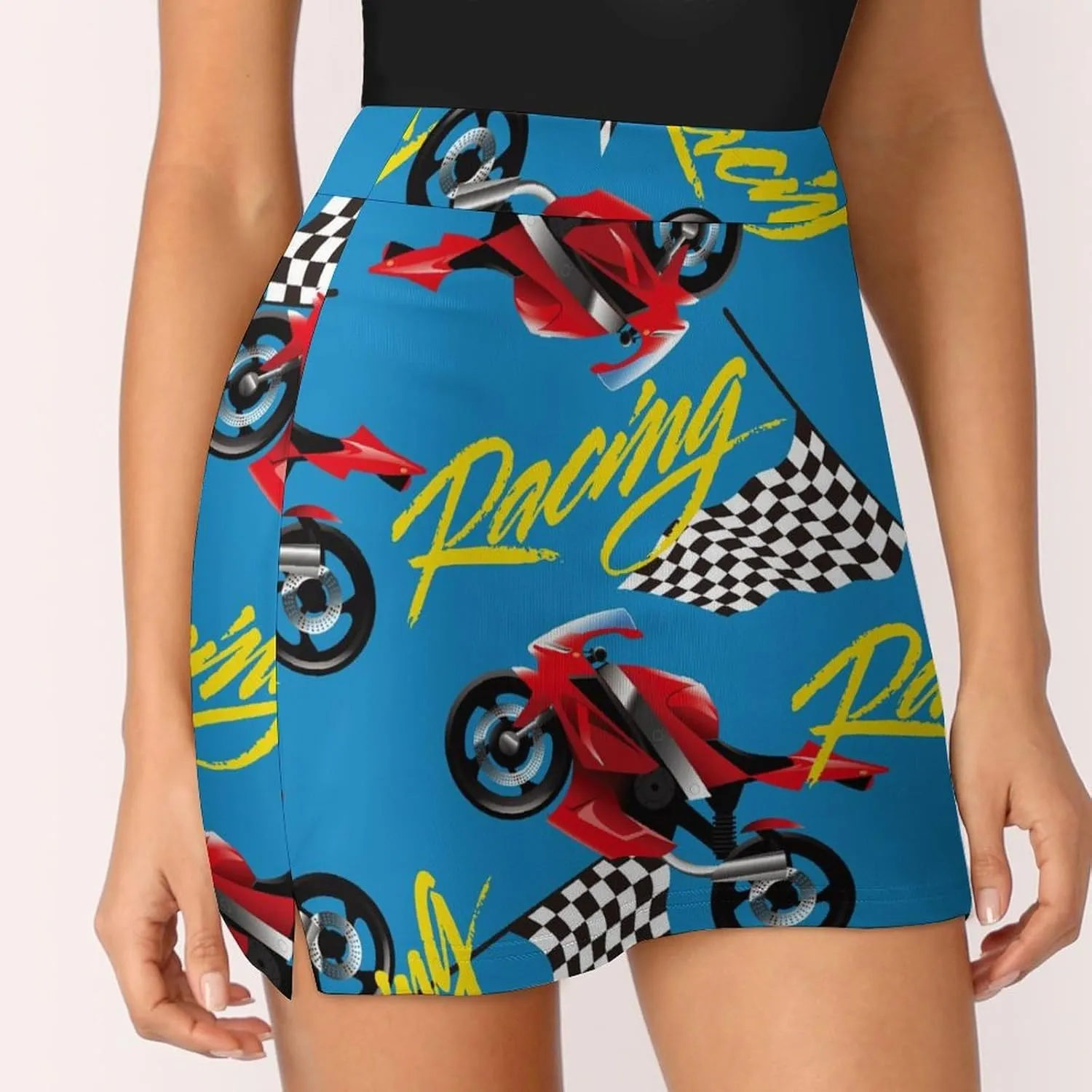 Motorcycle Racing Pattern Women's Mini Tennis Skirt with Shorts Underneath Athletic Workout Cute Skorts