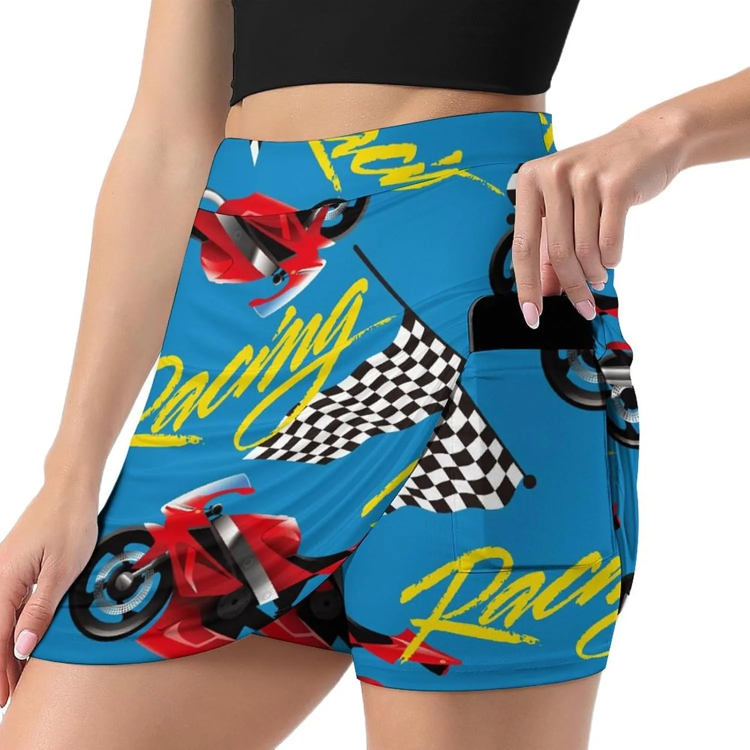 Motorcycle Racing Pattern Women's Mini Tennis Skirt with Shorts Underneath Athletic Workout Cute Skorts
