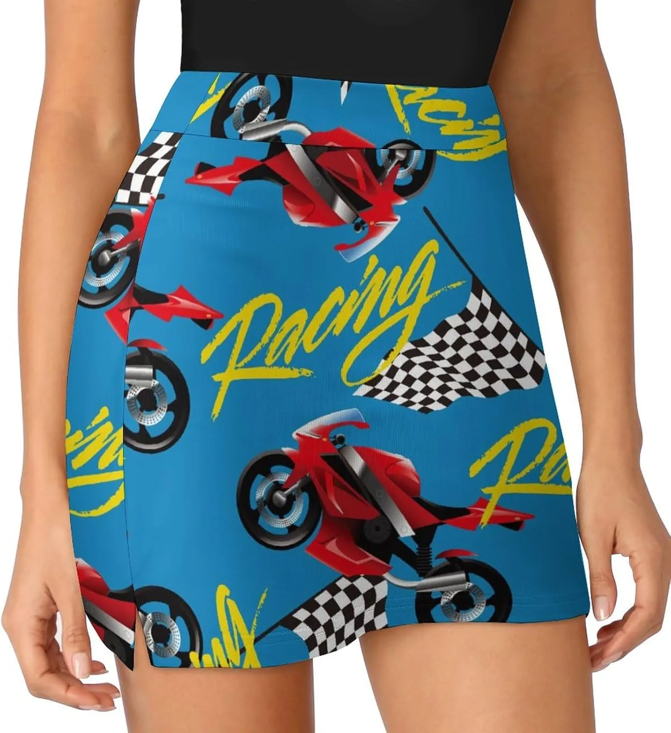 Motorcycle Racing Pattern Women's Mini Tennis Skirt with Shorts Underneath Athletic Workout Cute Skorts