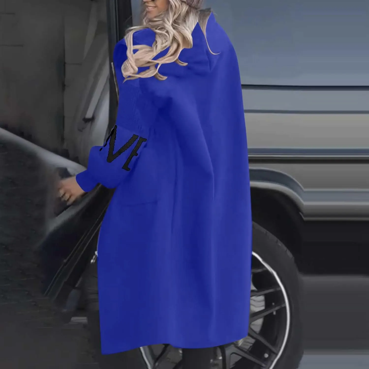 NATHGAM Women Wool Long Trench Coat Casual Oversized Zip Up Knitted Sleeve Hooded Sweatshirts Wool Blend Overcoat with Pocket