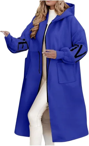 NATHGAM Women Wool Long Trench Coat Casual Oversized Zip Up Knitted Sleeve Hooded Sweatshirts Wool Blend Overcoat with Pocket