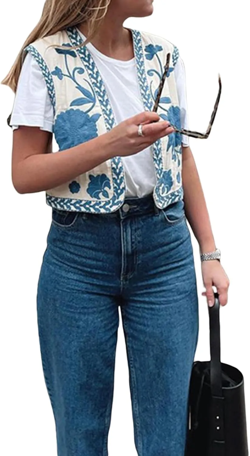 NUFIWI Women Vintage Embroidered Floral Vest Top Y2k Sleeveless Open Front Crop Vest Boho Floral Waistcoat Jacket