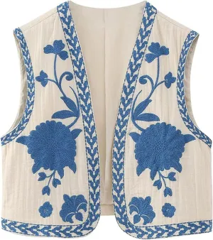 NUFIWI Women Vintage Embroidered Floral Vest Top Y2k Sleeveless Open Front Crop Vest Boho Floral Waistcoat Jacket