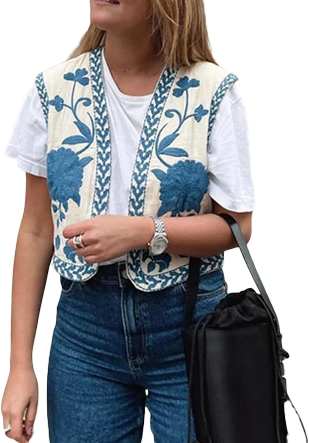 NUFIWI Women Vintage Embroidered Floral Vest Top Y2k Sleeveless Open Front Crop Vest Boho Floral Waistcoat Jacket