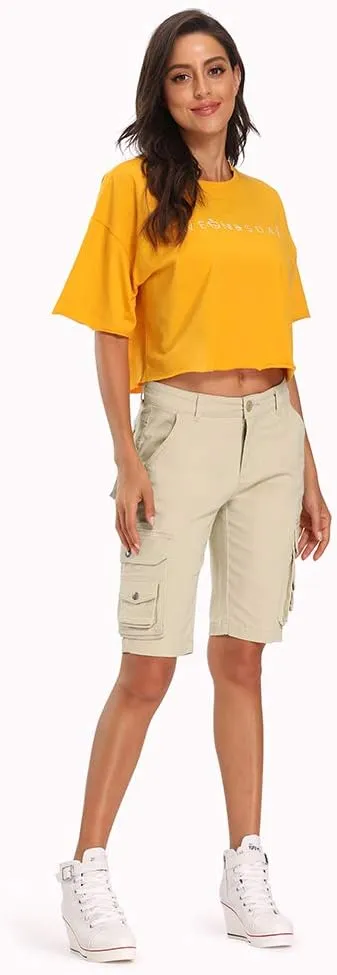 OCHENTA Women's Casual Multi-Pockets Bermuda Cargo Shorts Camo Knee Length Summer Hiking Shorts