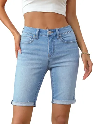 OFLUCK Shorts for Women Mid Rise Roll Cuff Bermuda Stretch Denim Jean Shorts