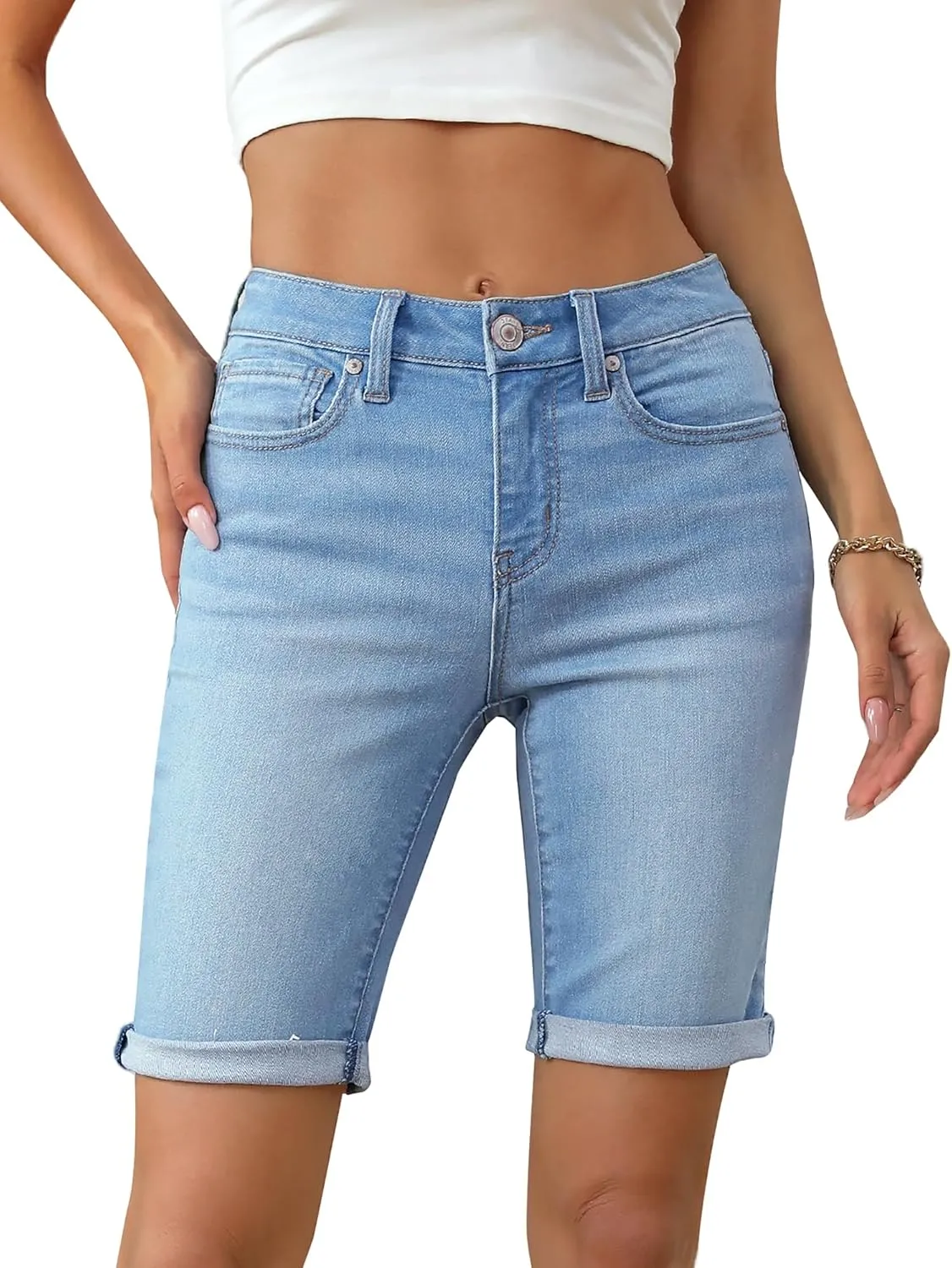 OFLUCK Shorts for Women Mid Rise Roll Cuff Bermuda Stretch Denim Jean Shorts