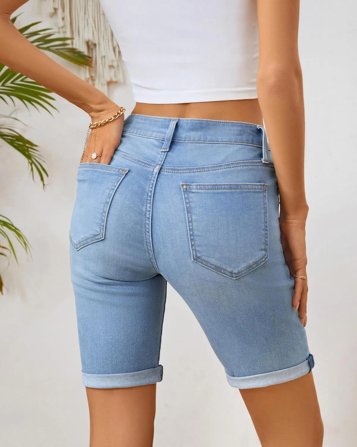 OFLUCK Shorts for Women Mid Rise Roll Cuff Bermuda Stretch Denim Jean Shorts