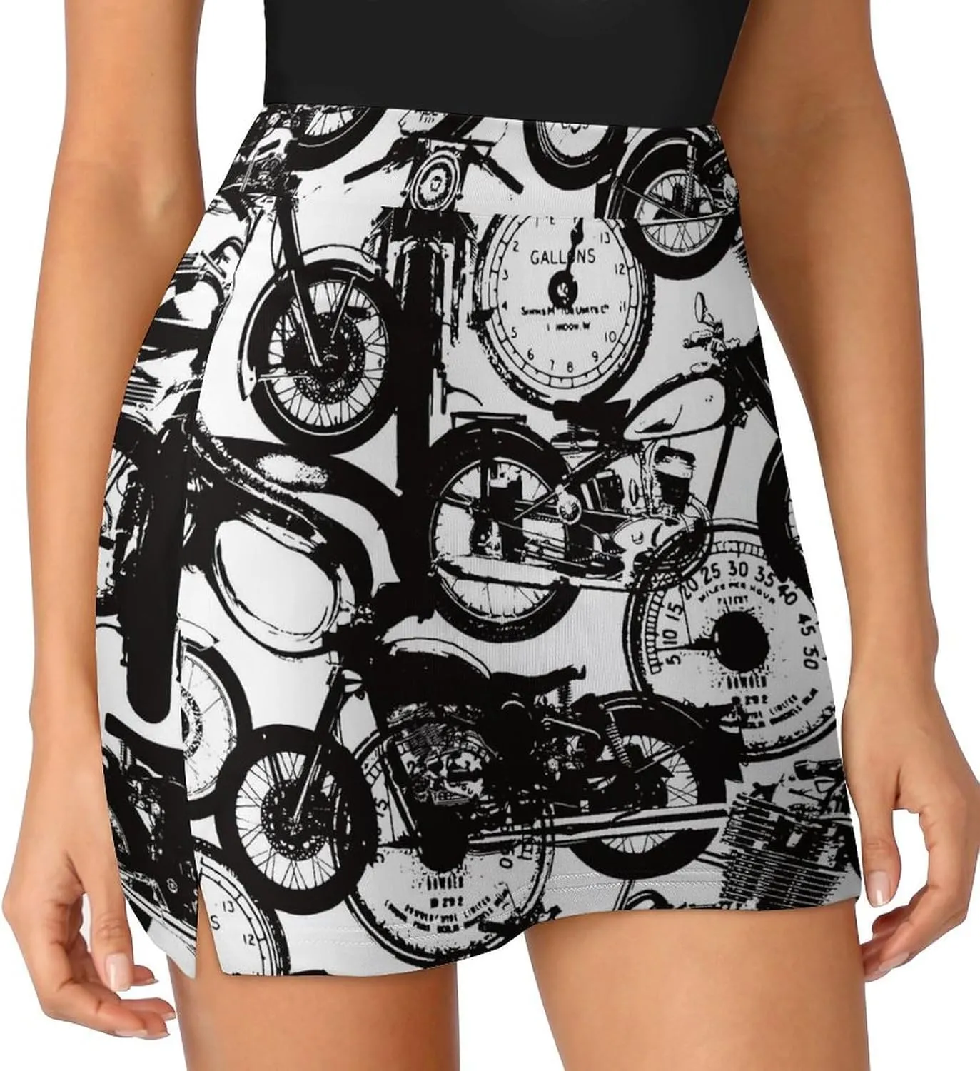 Old Motorcycle Pattern, Women's Mini Tennis Skirt with Shorts Underneath Athletic Workout Cute Skorts