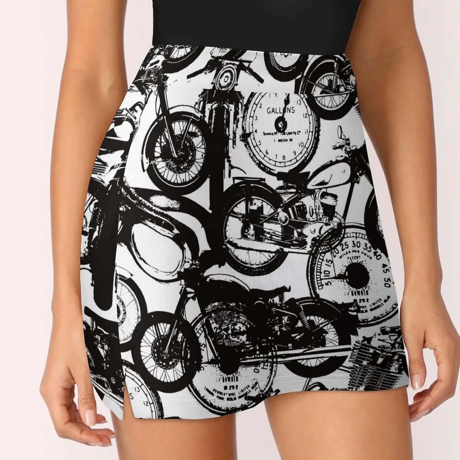 Old Motorcycle Pattern, Women's Mini Tennis Skirt with Shorts Underneath Athletic Workout Cute Skorts