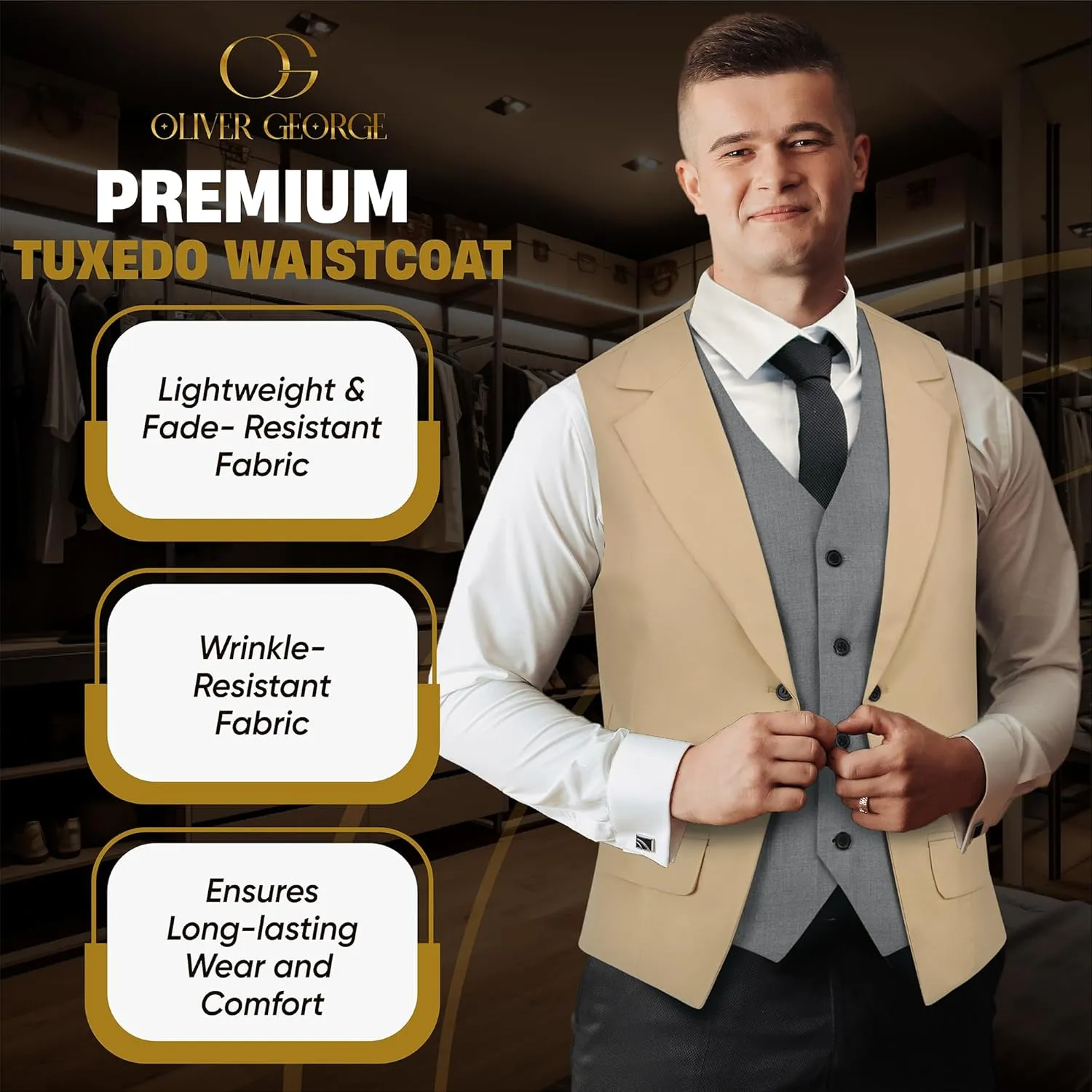 Oliver George Men's Layered Formal Solid Formal Tuxedo Dress Vest Waistcoat Business Vest for Suit or Tuxedo
