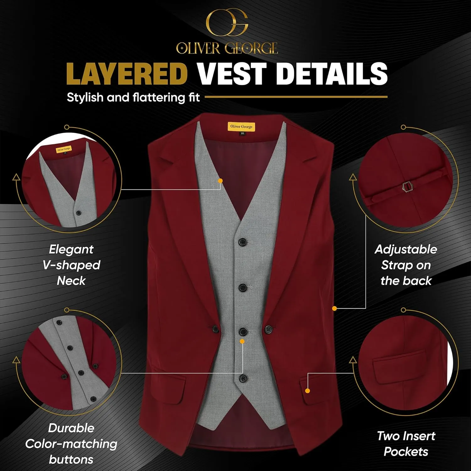 Oliver George Men's Layered Formal Solid Formal Tuxedo Dress Vest Waistcoat Business Vest for Suit or Tuxedo