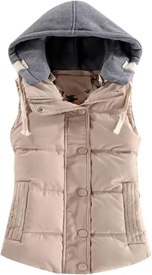 OMZIN Winter Hooded Vest Puffer Sleeveless Outwear Pockets Cotton Casual Vest