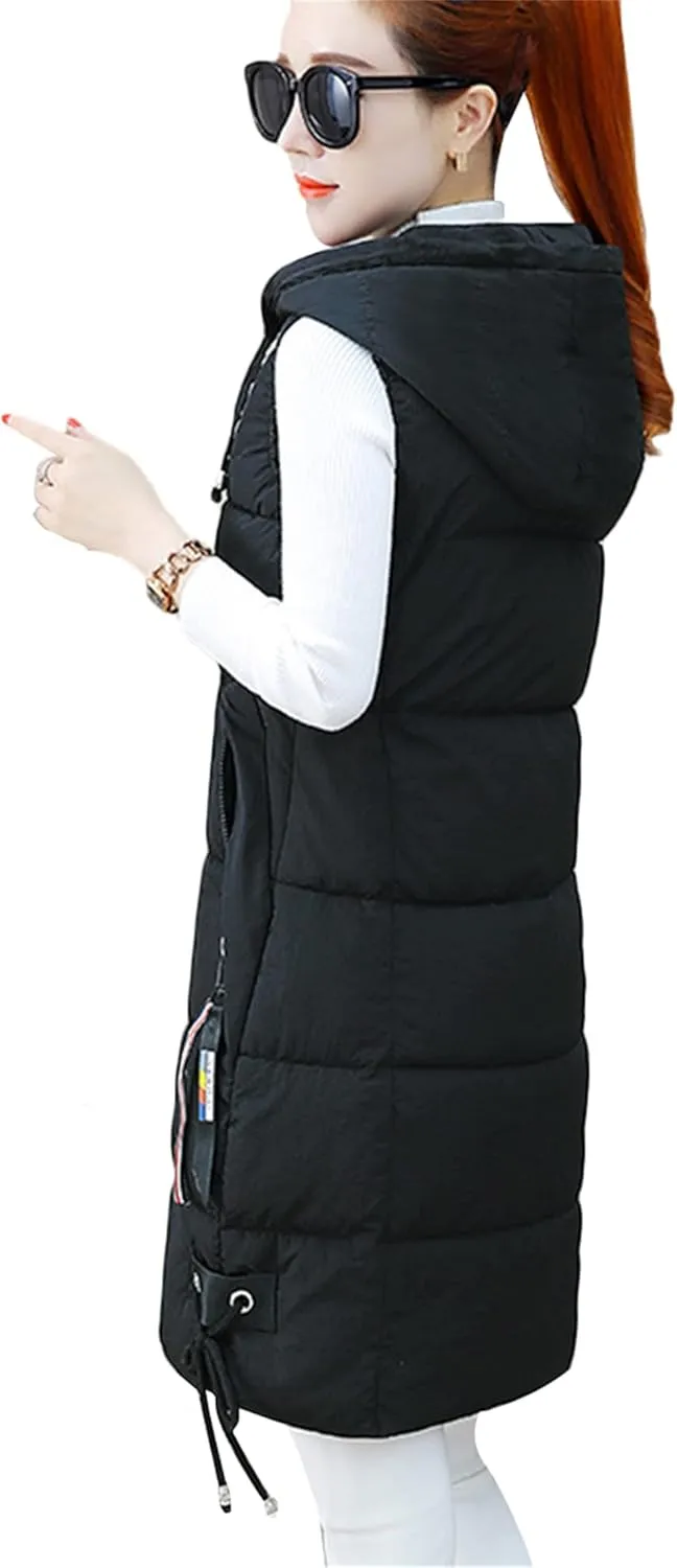 OMZIN Women's Winter Long Puffer Vest Zip up Slim Vest Lightweight Hooded Warm Down Cotton Vest
