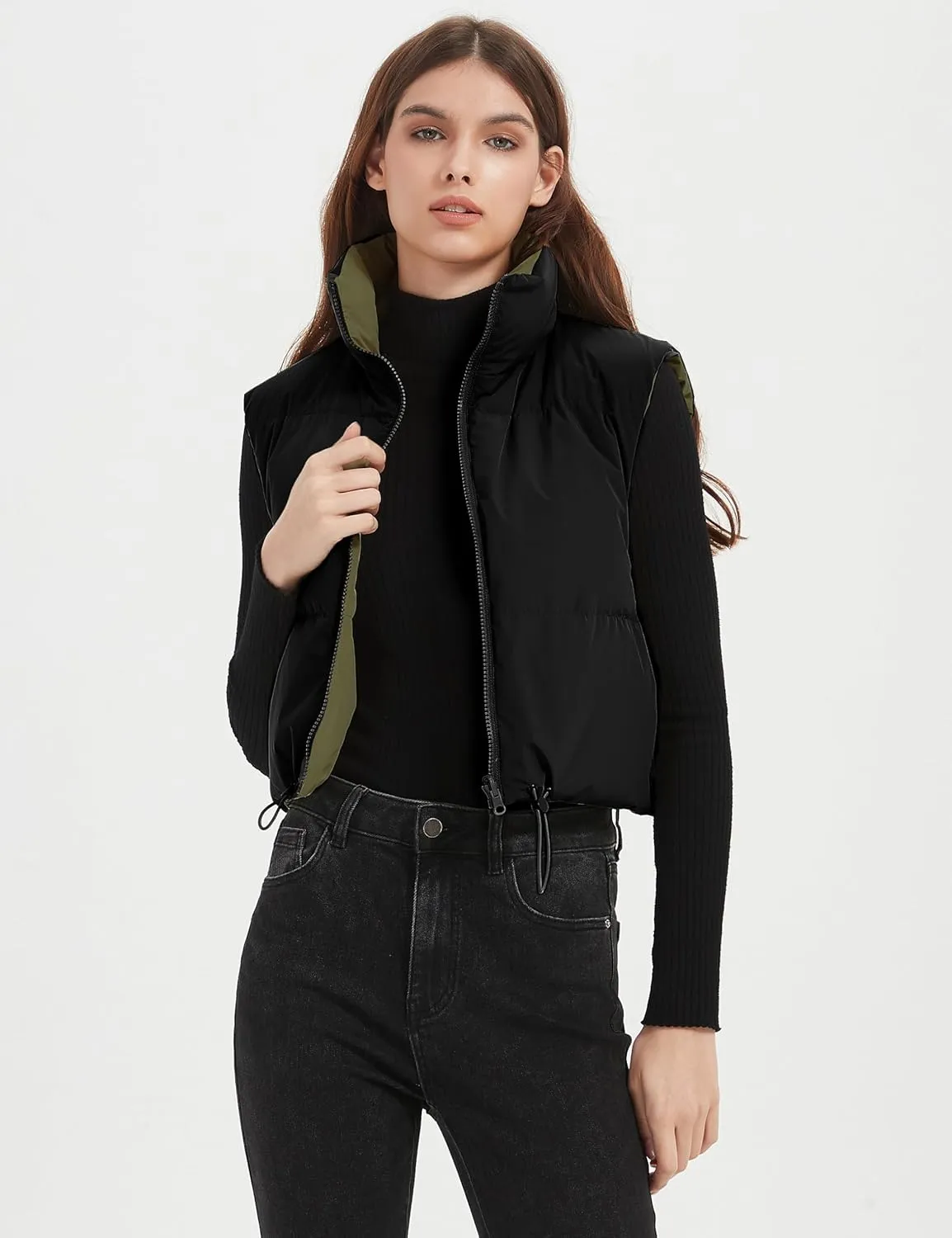 Orolay Women's Cropped Puffer Vest - Lightweight Reversible Zip Up Padded Outerwear Stand Collar Gilet Sleeveless Jacket