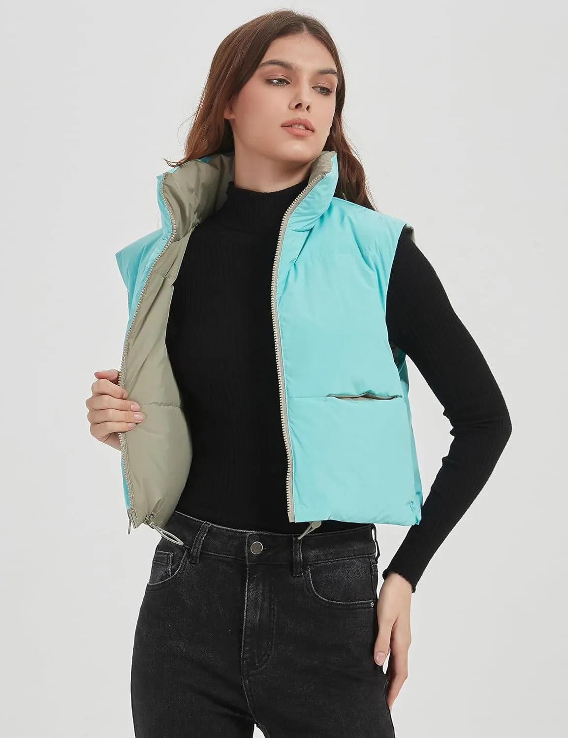 Orolay Women's Cropped Puffer Vest - Lightweight Reversible Zip Up Padded Outerwear Stand Collar Gilet Sleeveless Jacket