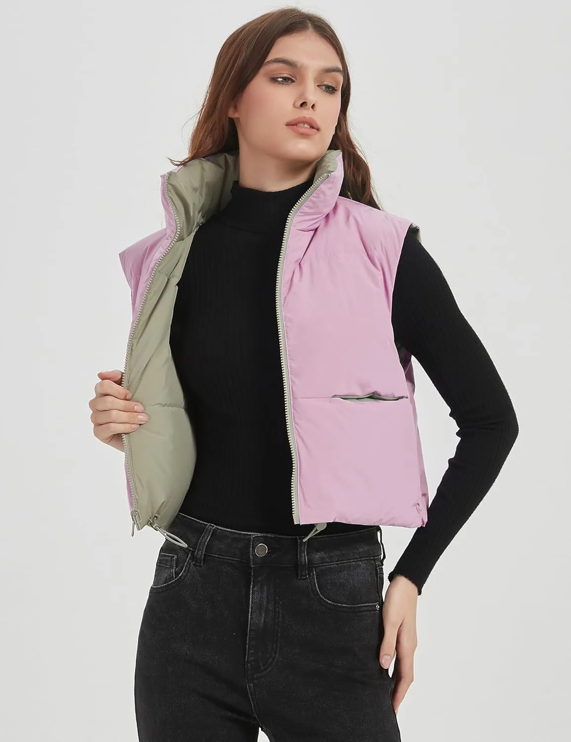 Orolay Women's Cropped Puffer Vest - Lightweight Reversible Zip Up Padded Outerwear Stand Collar Gilet Sleeveless Jacket