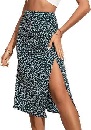 OYOANGLE Women's Boho Floral Print High Waisted A Line Split Thigh Summer Midi Skirt
