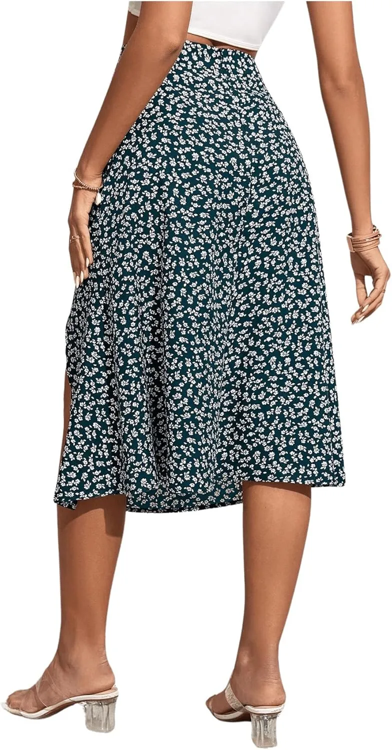 OYOANGLE Women's Boho Floral Print High Waisted A Line Split Thigh Summer Midi Skirt