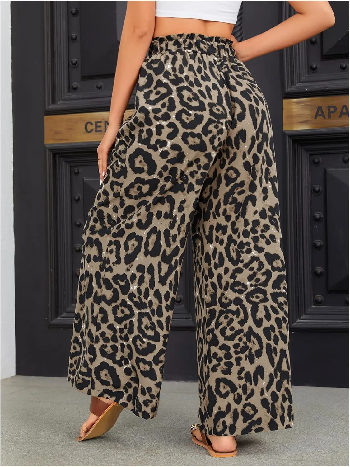 OYOANGLE Women's Leopard Print Elastic High Waist Wide Leg Pants Tie Front Pockets Loose Casual Trousers