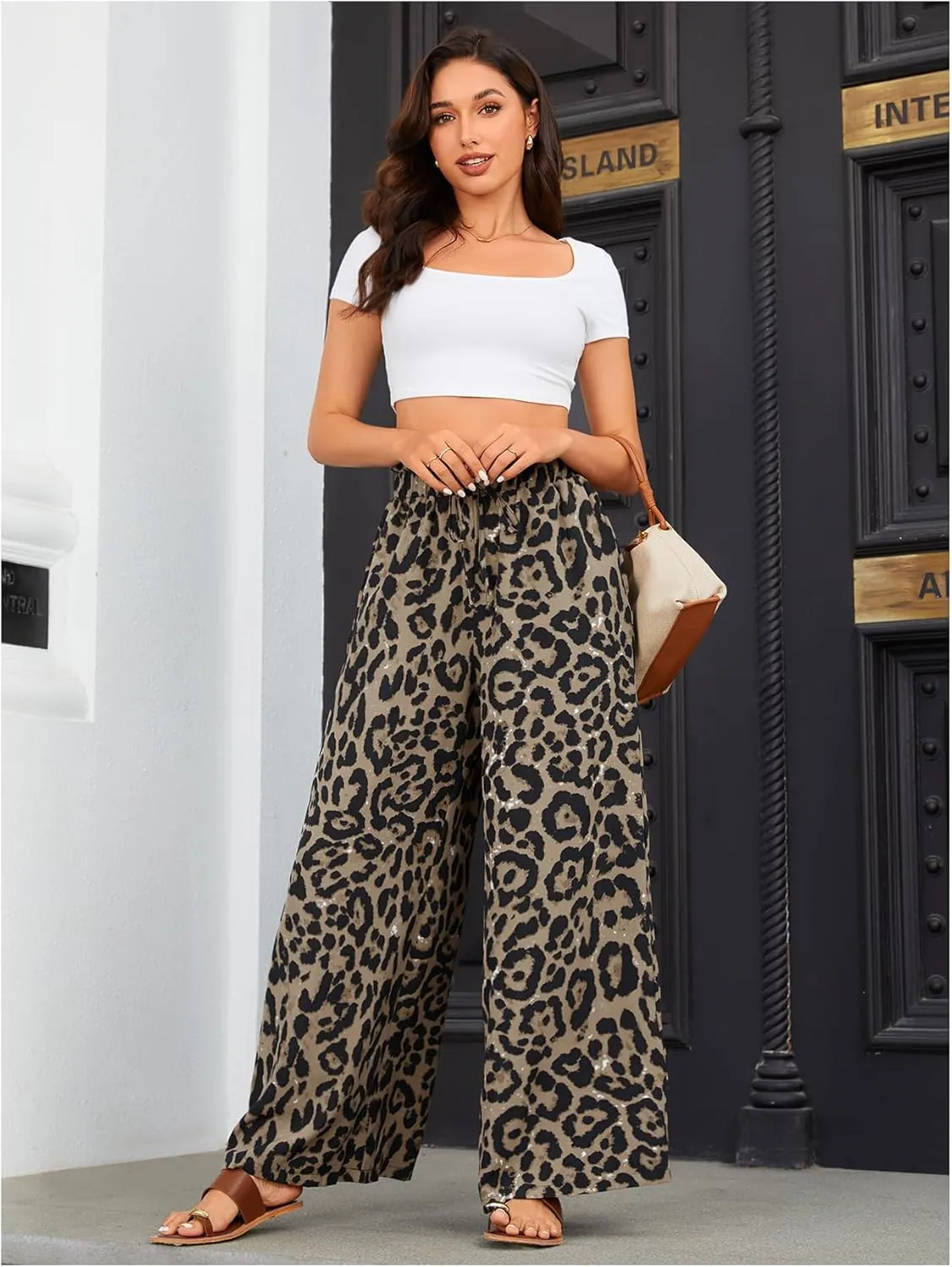 OYOANGLE Women's Leopard Print Elastic High Waist Wide Leg Pants Tie Front Pockets Loose Casual Trousers