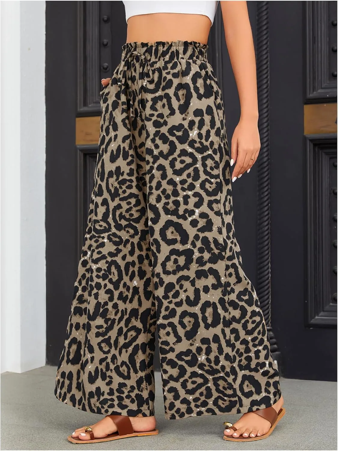OYOANGLE Women's Leopard Print Elastic High Waist Wide Leg Pants Tie Front Pockets Loose Casual Trousers