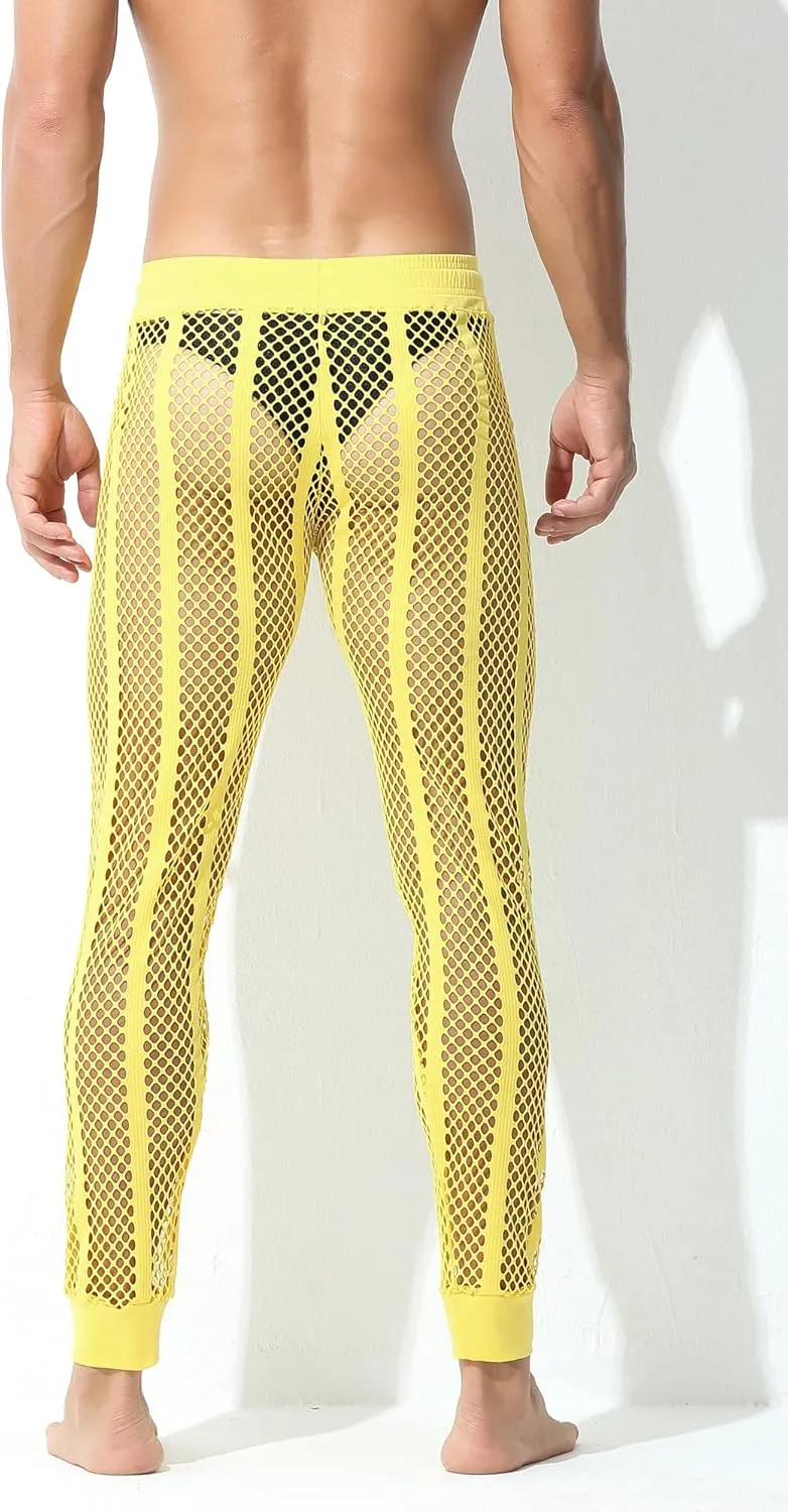 Panegy Men's Fishnet Legging Pants & Shorts Mesh Drawstring Loose Lounge Pants Swim Shorts