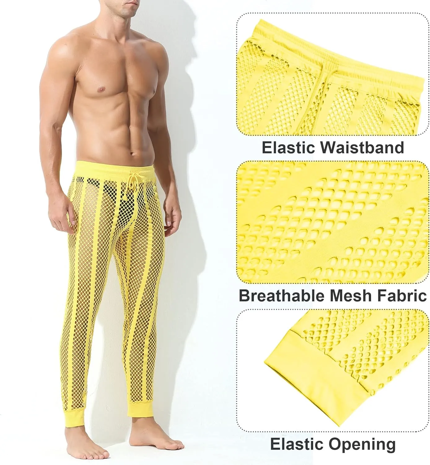 Panegy Men's Fishnet Legging Pants & Shorts Mesh Drawstring Loose Lounge Pants Swim Shorts